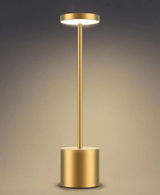 Cordless Table Lamp, Rechargeable LED Battery 6000Mah Metal USB Portable Powered Desk Lamp, 3 Levels Brightness Light for Restaurants Outdoor (13.25In Gold)